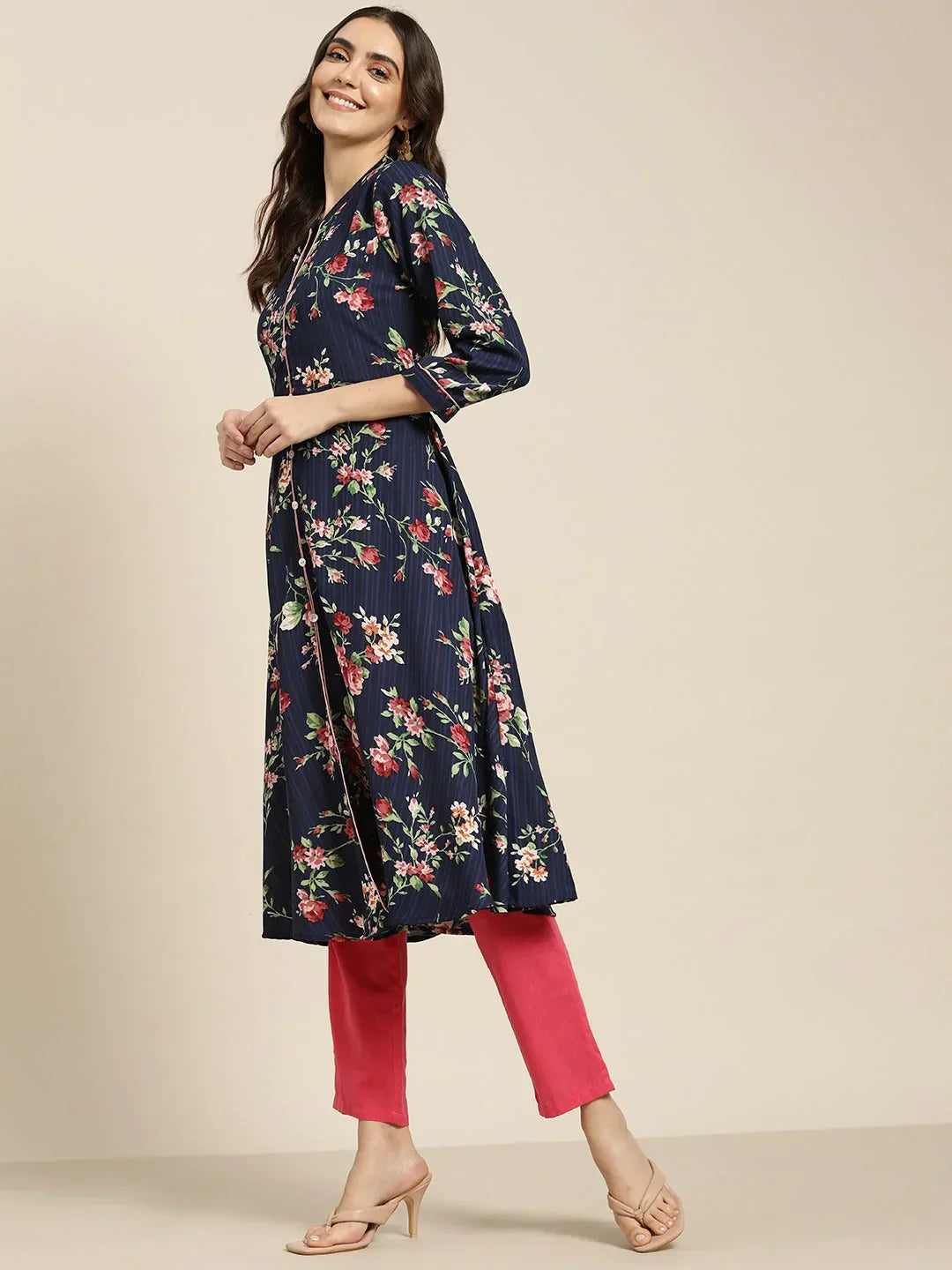 Jompers Women's Blue & Pink Floral Printed Floral Georgette Anarkali Kurta | Grocsy