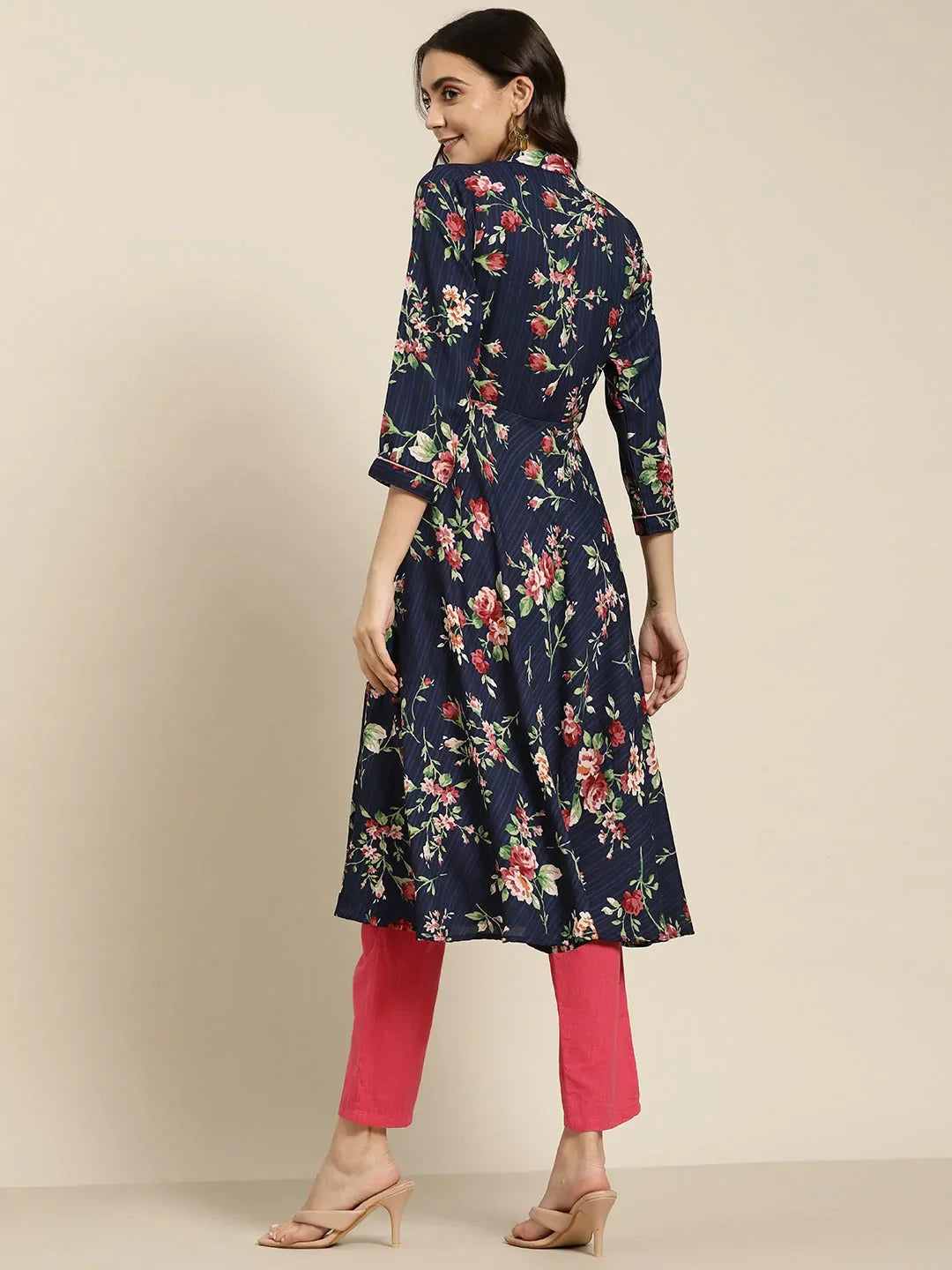Jompers Women's Blue & Pink Floral Printed Floral Georgette Anarkali Kurta | Grocsy