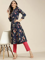 Jompers Women's Blue & Pink Floral Printed Floral Georgette Anarkali Kurta | Grocsy
