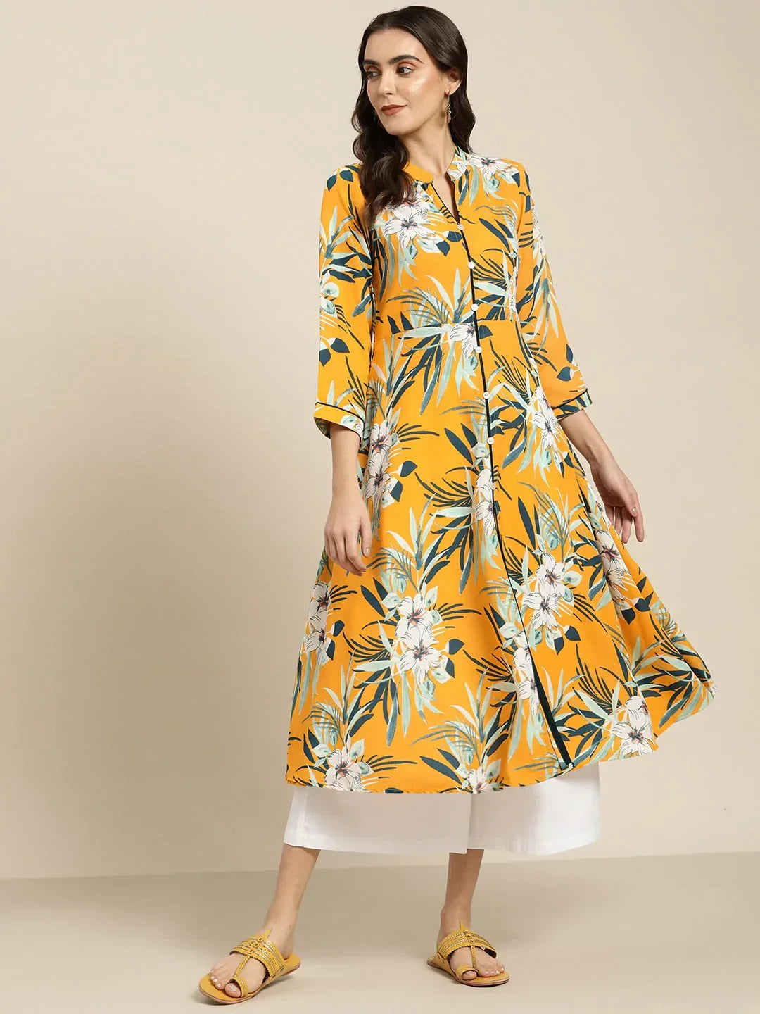 Jompers Women's Yellow & Teal Blue Floral Printed Floral Georgette Anarkali Kurta | Grocsy