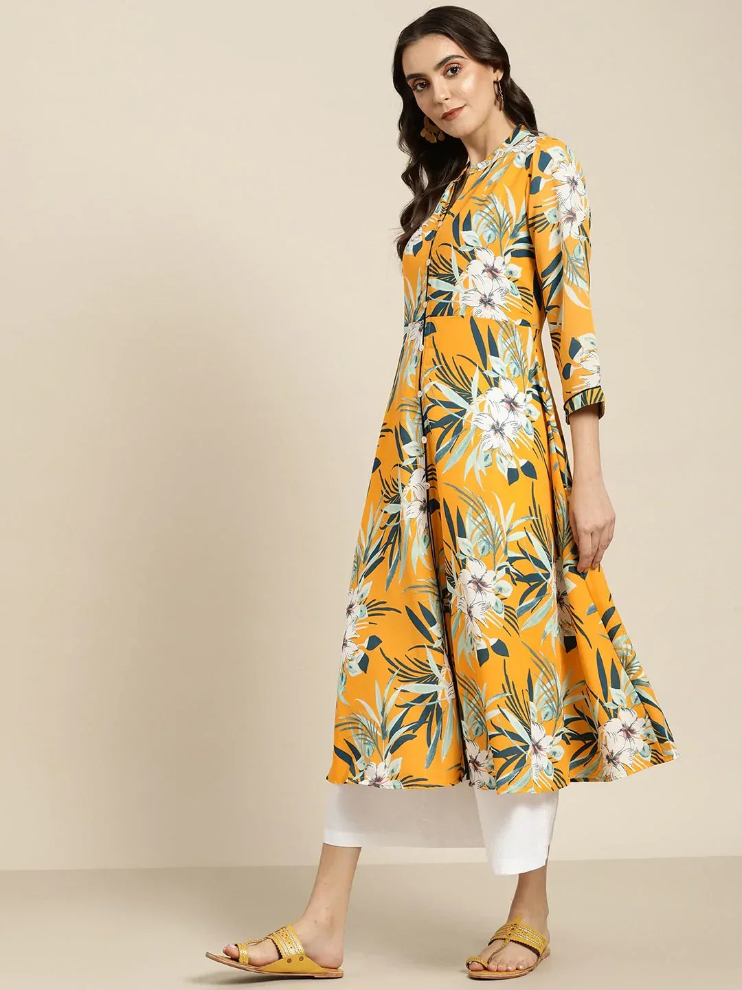 Jompers Women's Yellow & Teal Blue Floral Printed Floral Georgette Anarkali Kurta | Grocsy