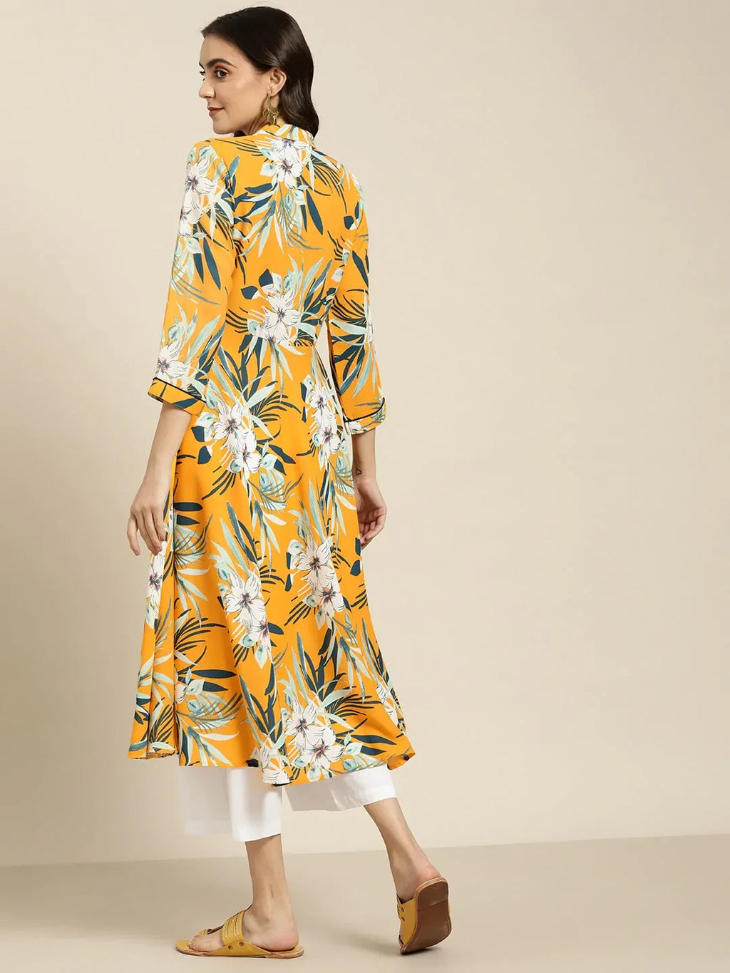 Jompers Women's Yellow & Teal Blue Floral Printed Floral Georgette Anarkali Kurta | Grocsy