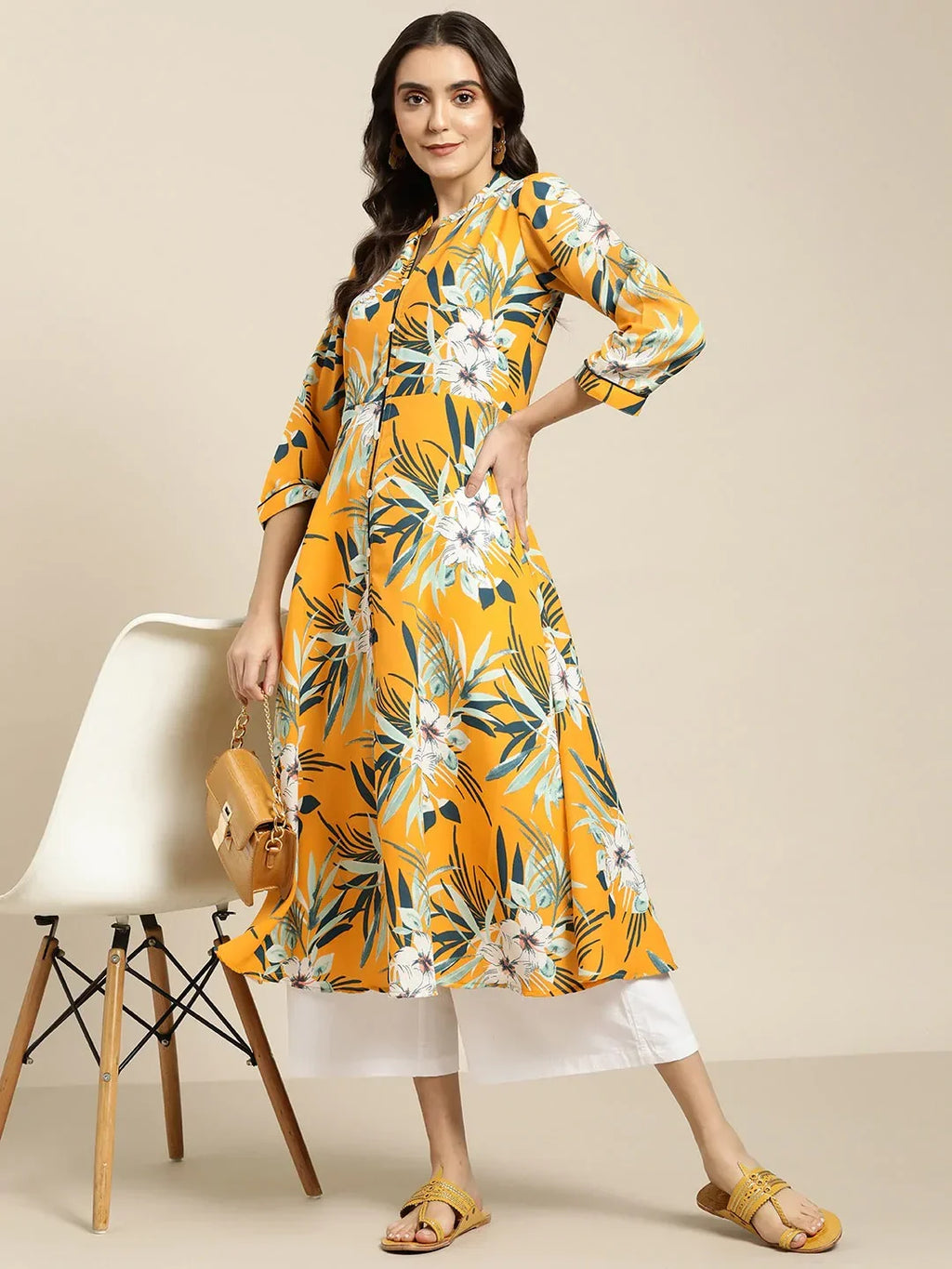 Jompers Women's Yellow & Teal Blue Floral Printed Floral Georgette Anarkali Kurta | Grocsy
