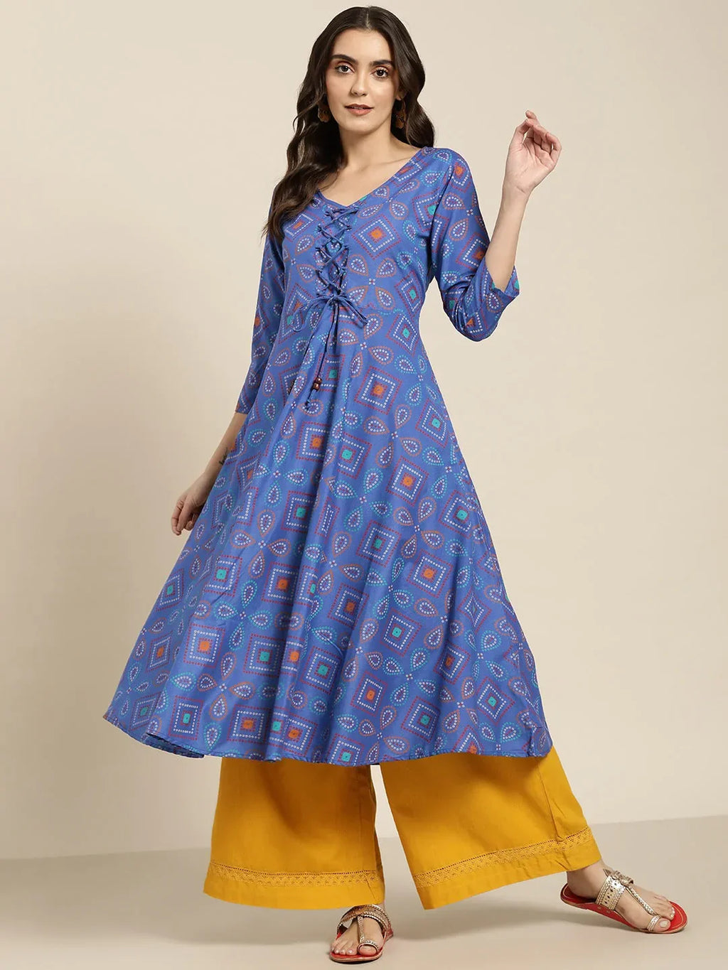 Jompers Women's Blue Bandhani Printed Anarkali Kurta | Grocsy