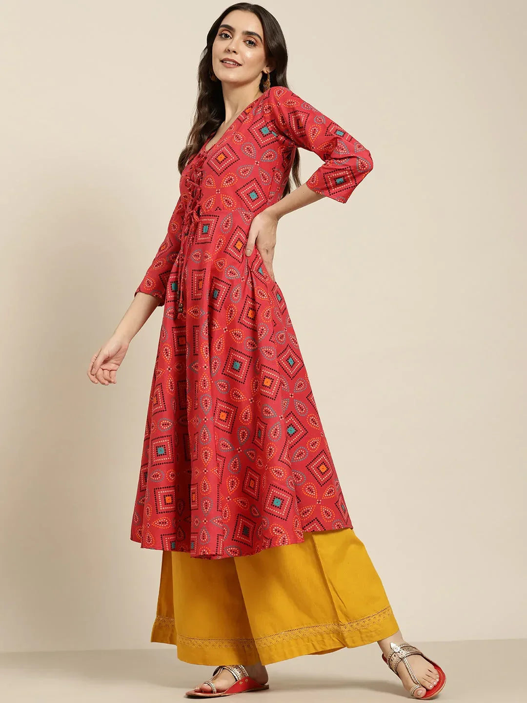 Jompers Women's Red Bandhani Printed Anarkali Kurta | Grocsy