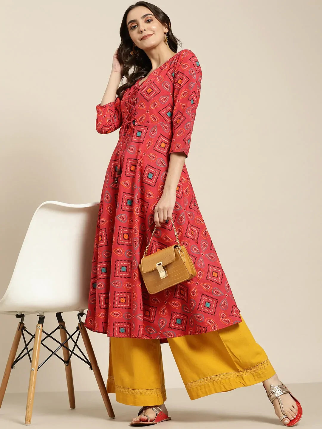 Jompers Women's Red Bandhani Printed Anarkali Kurta | Grocsy