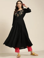 Jompers Women's Black & Green Floral Embroidered Georgette Anarkali Kurta | Grocsy