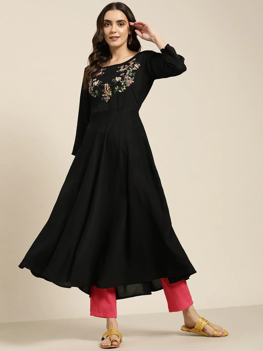Jompers Women's Black & Green Floral Embroidered Georgette Anarkali Kurta | Grocsy