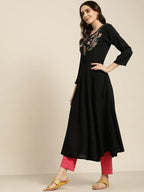 Jompers Women's Black & Green Floral Embroidered Georgette Anarkali Kurta | Grocsy