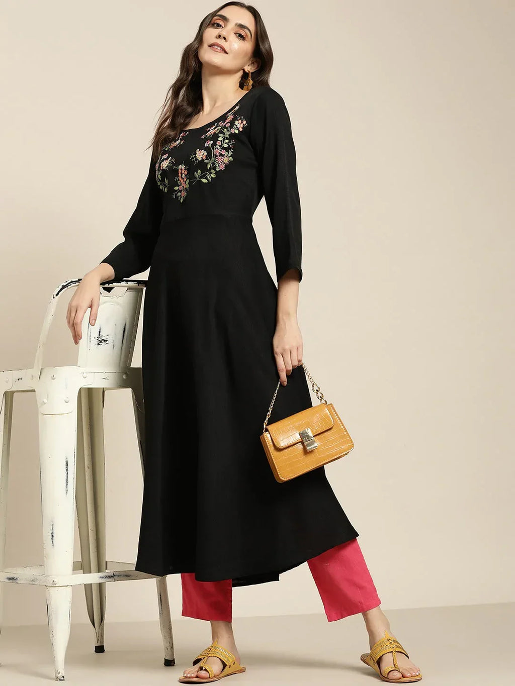 Jompers Women's Black & Green Floral Embroidered Georgette Anarkali Kurta | Grocsy