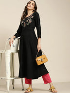Jompers Women's Black & Green Floral Embroidered Georgette Anarkali Kurta | Grocsy