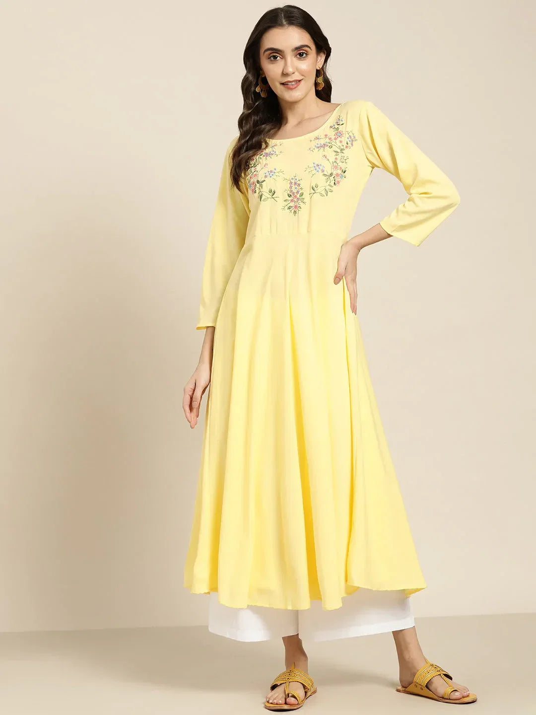 Jompers Women's Yellow & Green Floral Embroidered Georgette Anarkali Kurta | Grocsy