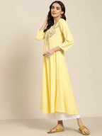 Jompers Women's Yellow & Green Floral Embroidered Georgette Anarkali Kurta | Grocsy