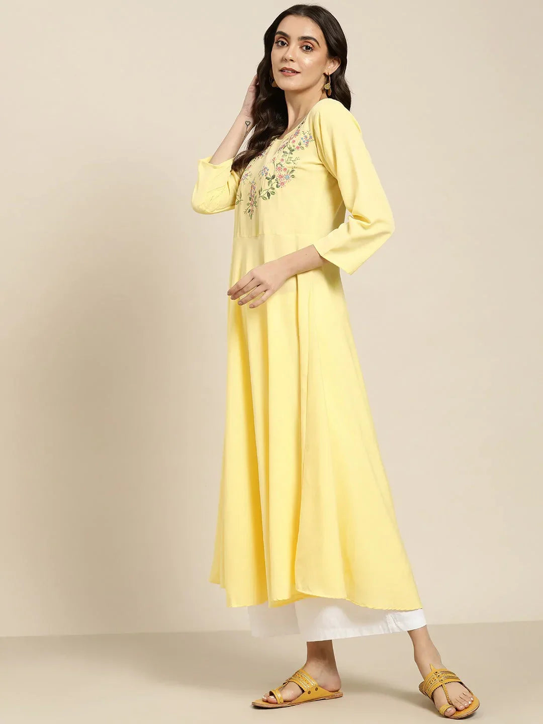 Jompers Women's Yellow & Green Floral Embroidered Georgette Anarkali Kurta | Grocsy