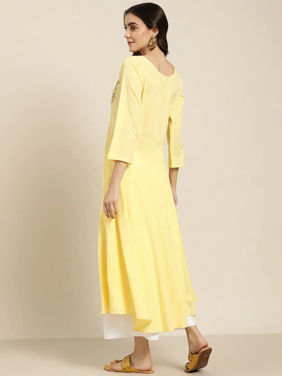 Jompers Women's Yellow & Green Floral Embroidered Georgette Anarkali Kurta | Grocsy
