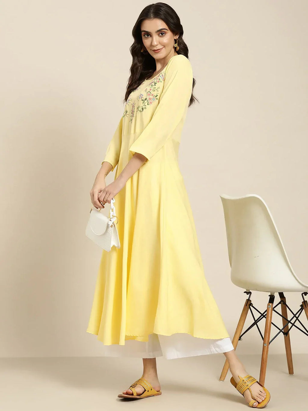 Jompers Women's Yellow & Green Floral Embroidered Georgette Anarkali Kurta | Grocsy