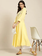 Jompers Women's Yellow & Green Floral Embroidered Georgette Anarkali Kurta | Grocsy