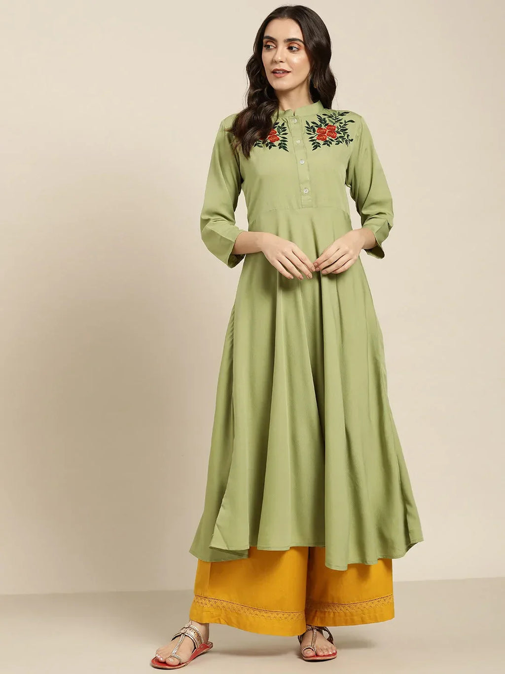 Jompers Women's Green & Red Floral Embroidered Georgette Anarkali Kurta | Grocsy