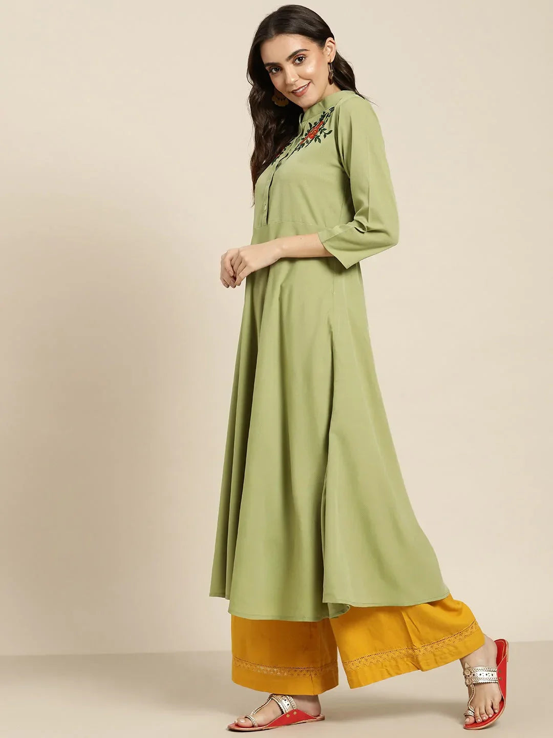 Jompers Women's Green & Red Floral Embroidered Georgette Anarkali Kurta | Grocsy