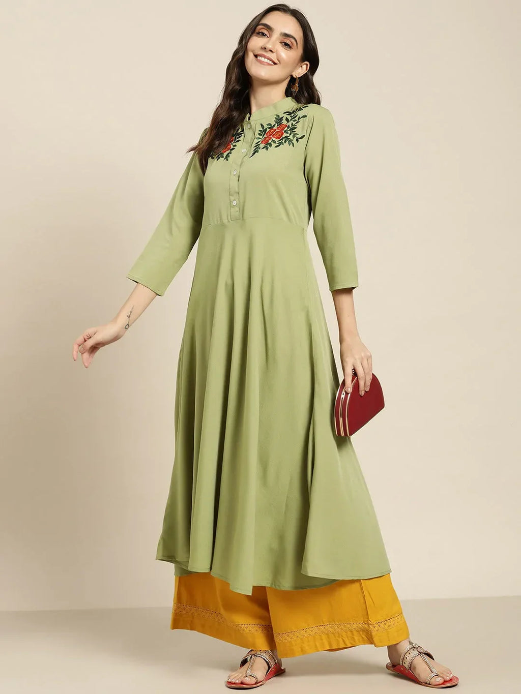 Jompers Women's Green & Red Floral Embroidered Georgette Anarkali Kurta | Grocsy