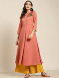 Jompers Women's Rust Red & Green Floral Embroidered Georgette Anarkali Kurta | Grocsy
