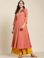 Jompers Women's Rust Red & Green Floral Embroidered Georgette Anarkali Kurta | Grocsy