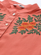 Jompers Women's Rust Red & Green Floral Embroidered Georgette Anarkali Kurta | Grocsy