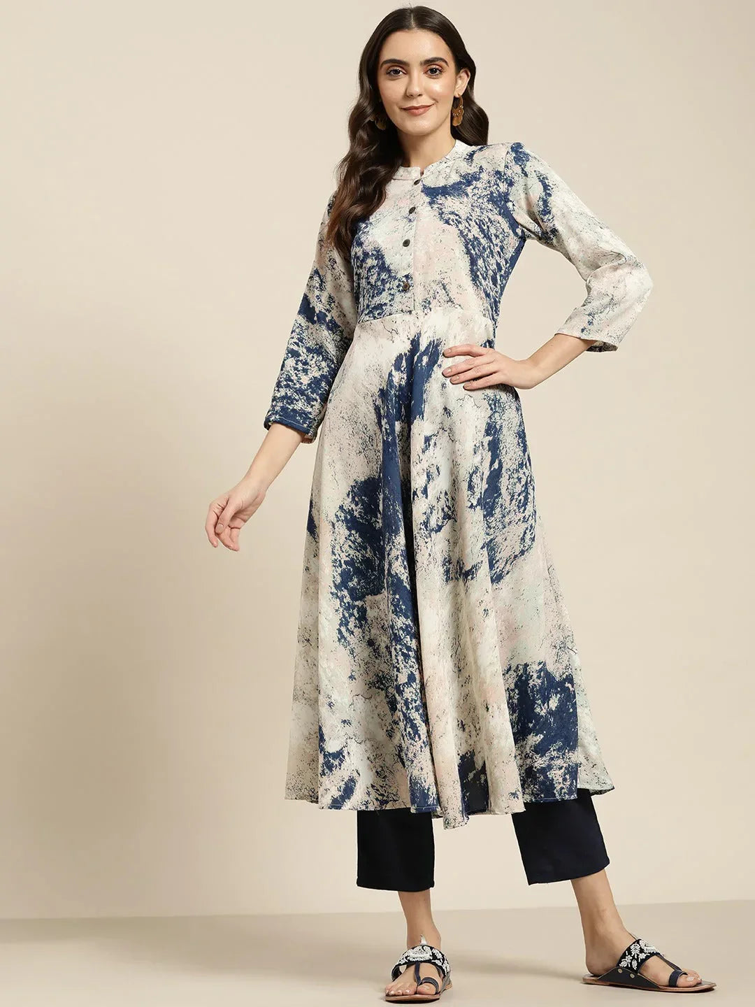 Jompers Women's Navy Blue & Pink Printed Anarkali Kurta | Grocsy
