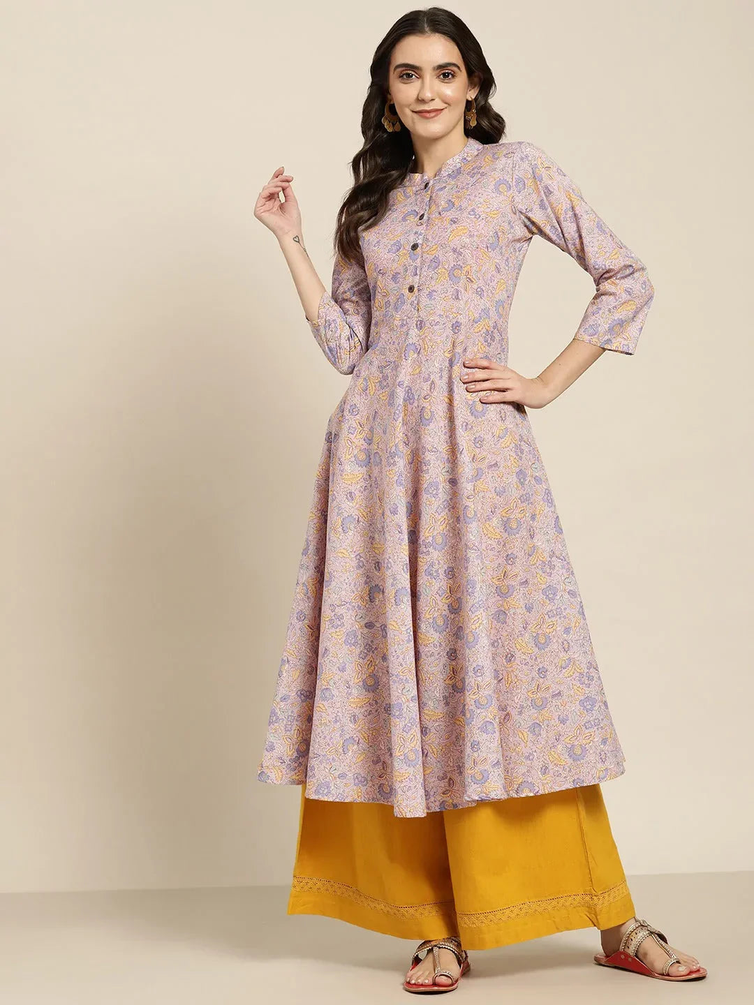 Jompers Women's Purple and yellow Printed Anarkali Kurta | Grocsy
