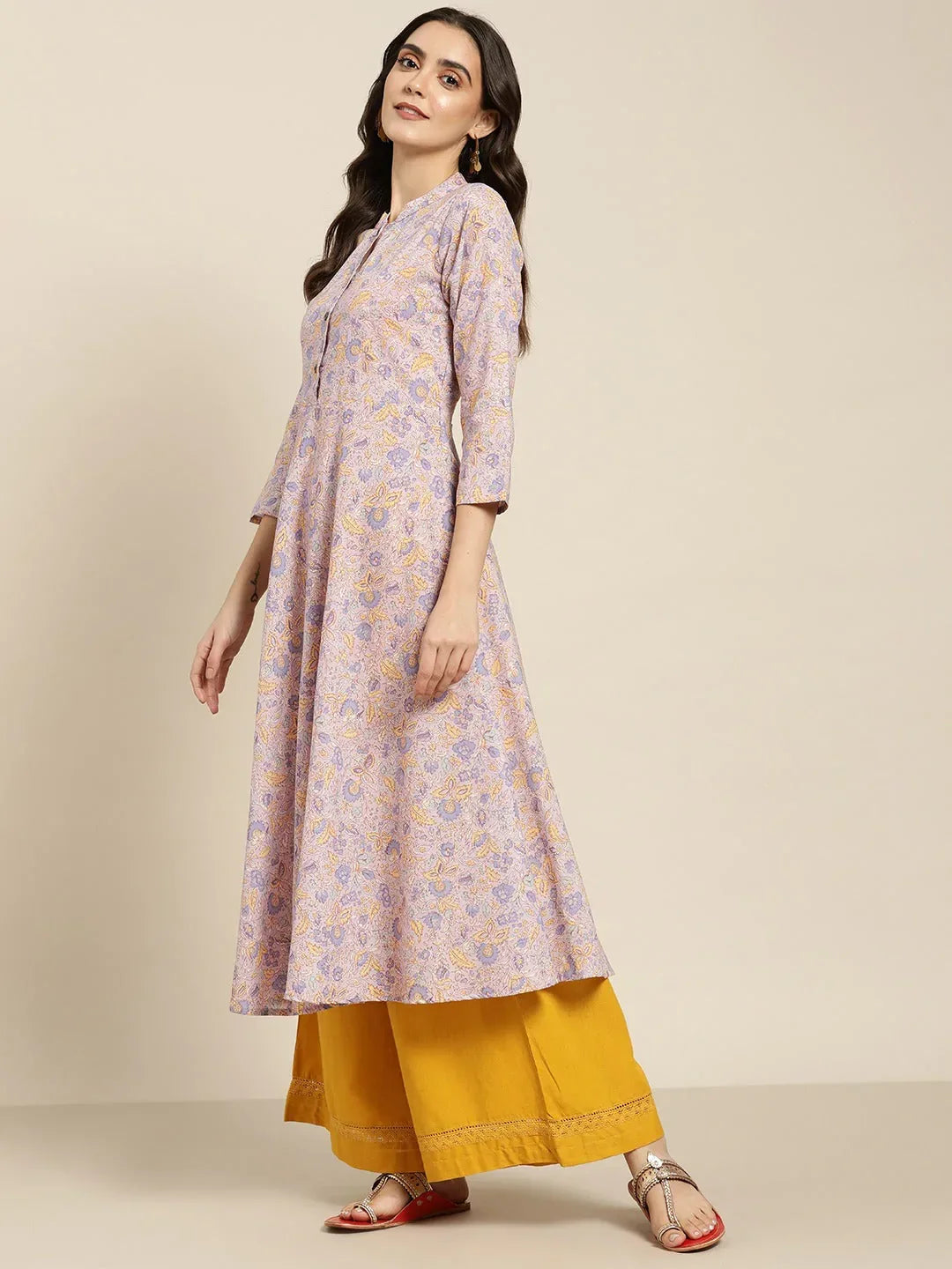 Jompers Women's Purple and yellow Printed Anarkali Kurta | Grocsy