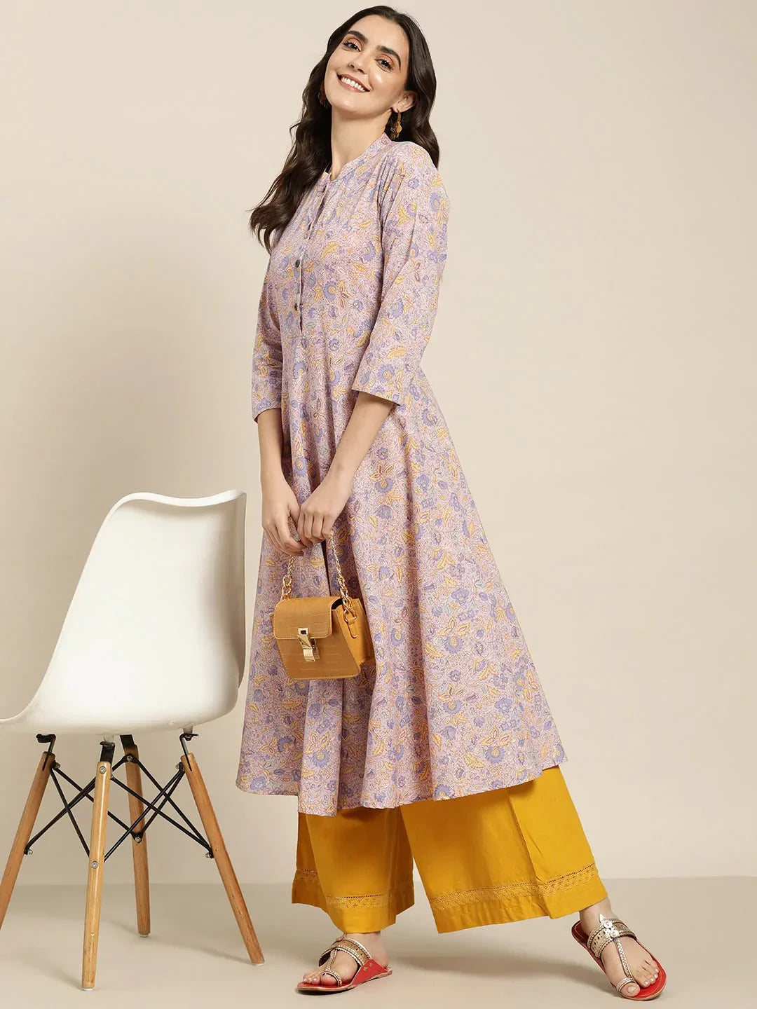 Jompers Women's Purple and yellow Printed Anarkali Kurta | Grocsy