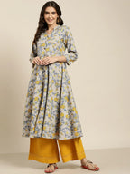 Jompers Women's Grey and yellow Printed Anarkali Kurta | Grocsy