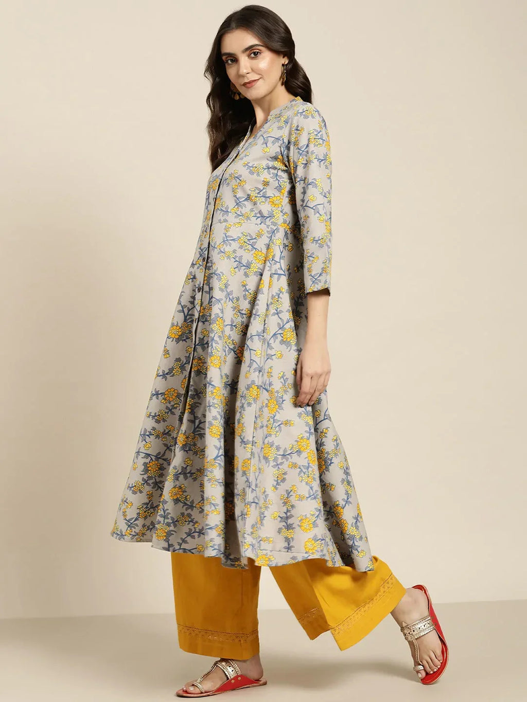 Jompers Women's Grey and yellow Printed Anarkali Kurta | Grocsy
