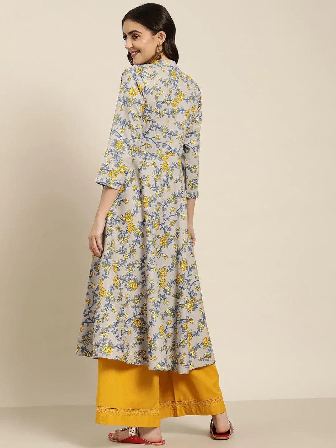 Jompers Women's Grey and yellow Printed Anarkali Kurta | Grocsy