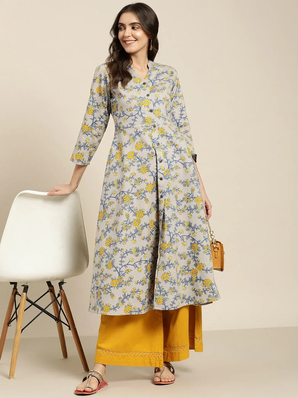 Jompers Women's Grey and yellow Printed Anarkali Kurta | Grocsy