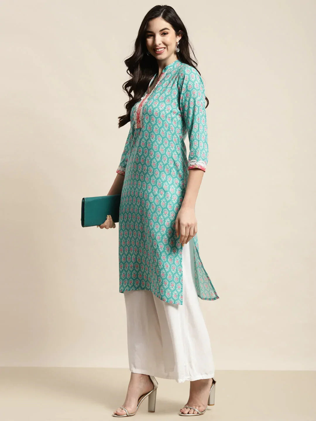 Jompers Women's Ethnic Motifs Thread Work Kurta - Blue | Grocsy