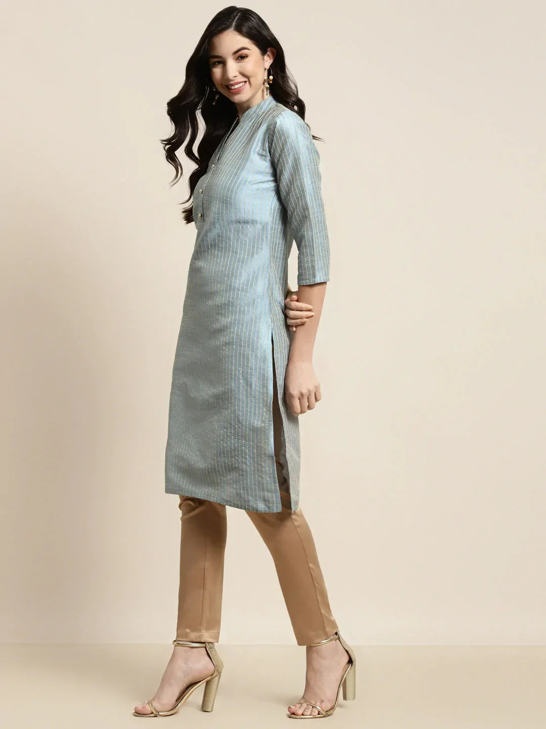 Jompers Women's Grey Striped Thread Work Kurta | Grocsy