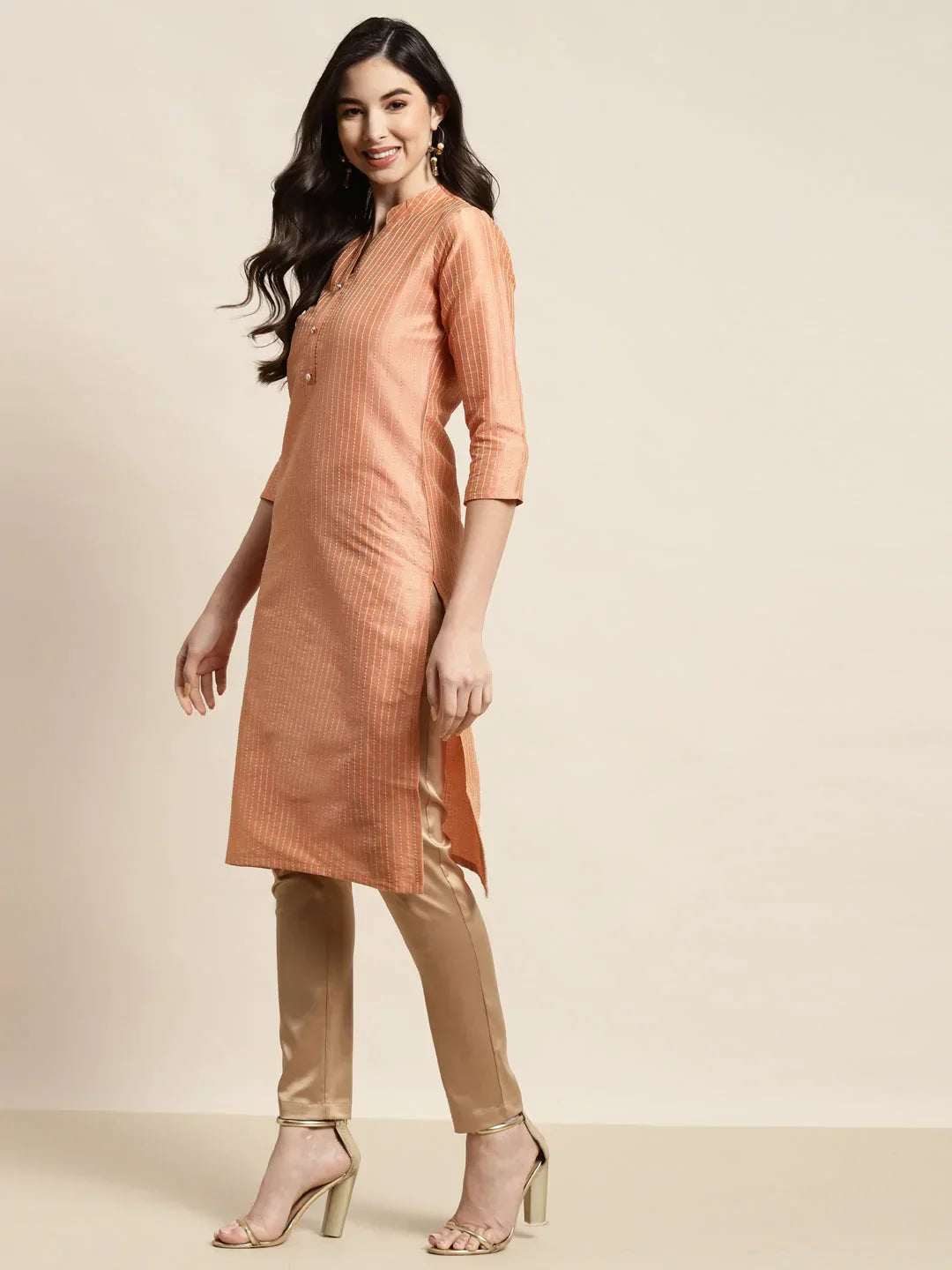 Jompers Women's Orange Striped Thread Work Kurta | Grocsy