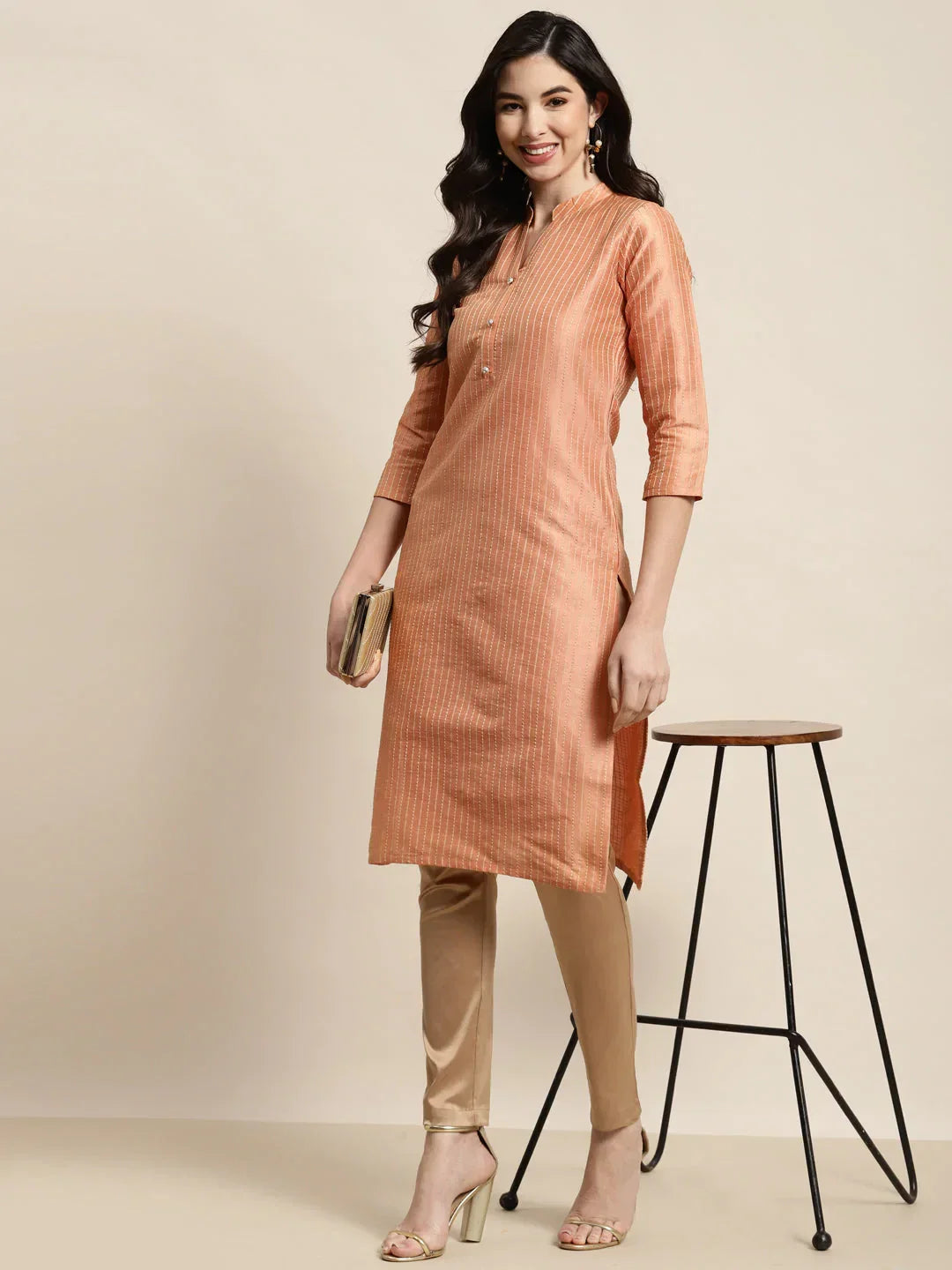 Jompers Women's Orange Striped Thread Work Kurta | Grocsy