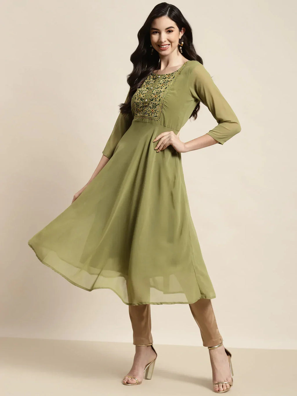Jompers Women's Yoke Design Georgette Anarkali Kurta - Green | Grocsy