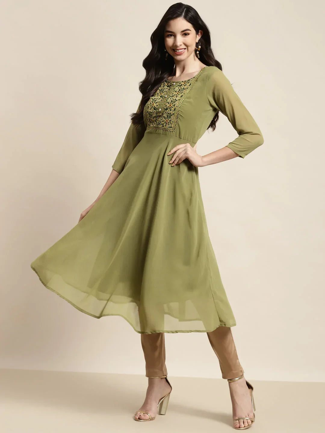 Jompers Women's Yoke Design Georgette Anarkali Kurta - Green | Grocsy