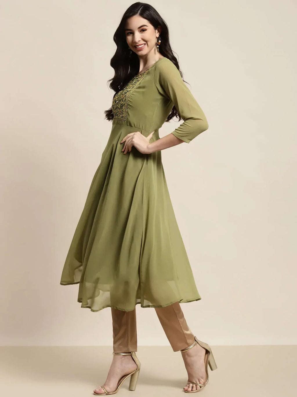 Jompers Women's Yoke Design Georgette Anarkali Kurta - Green | Grocsy