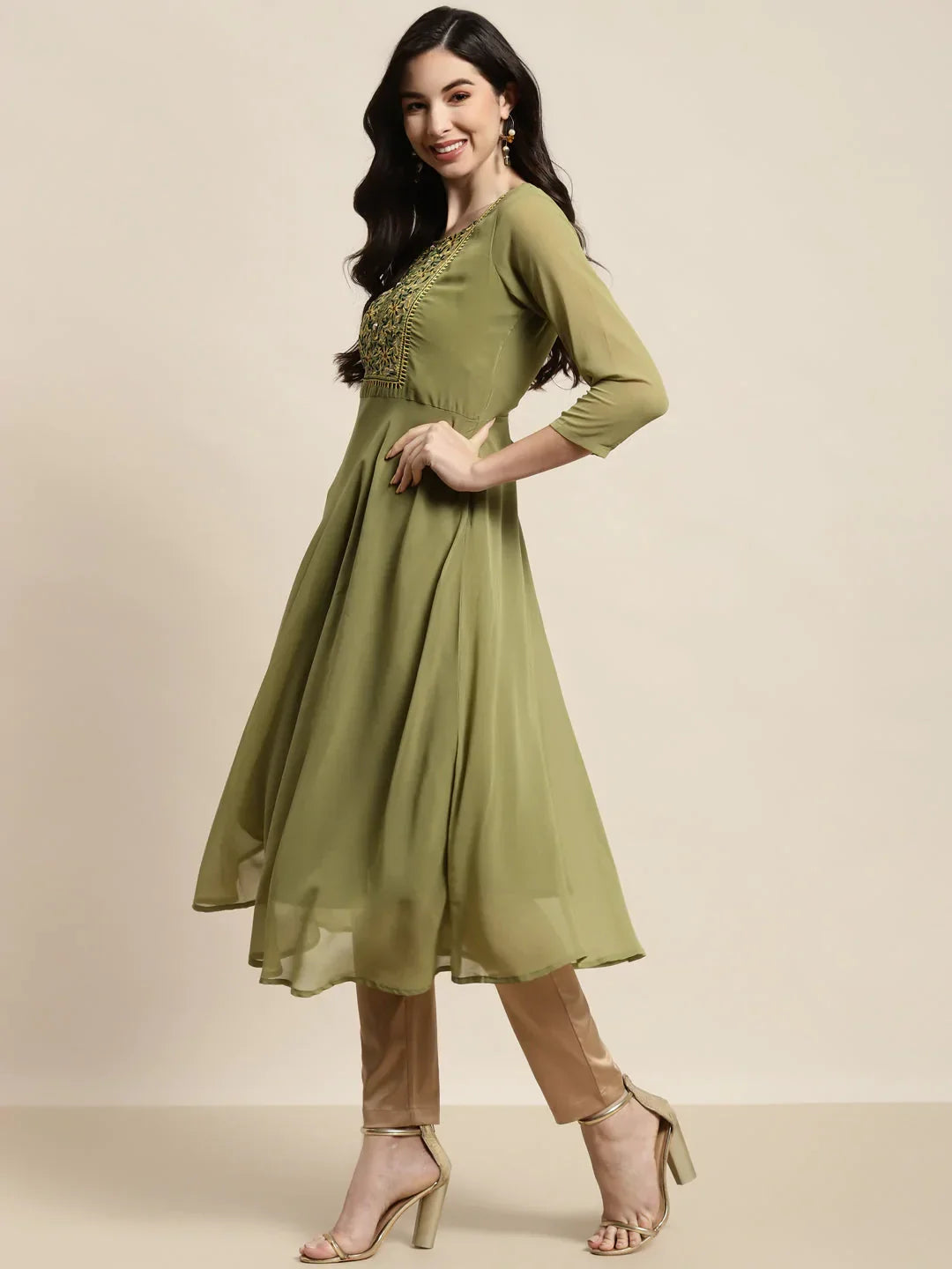 Jompers Women's Yoke Design Georgette Anarkali Kurta - Green | Grocsy