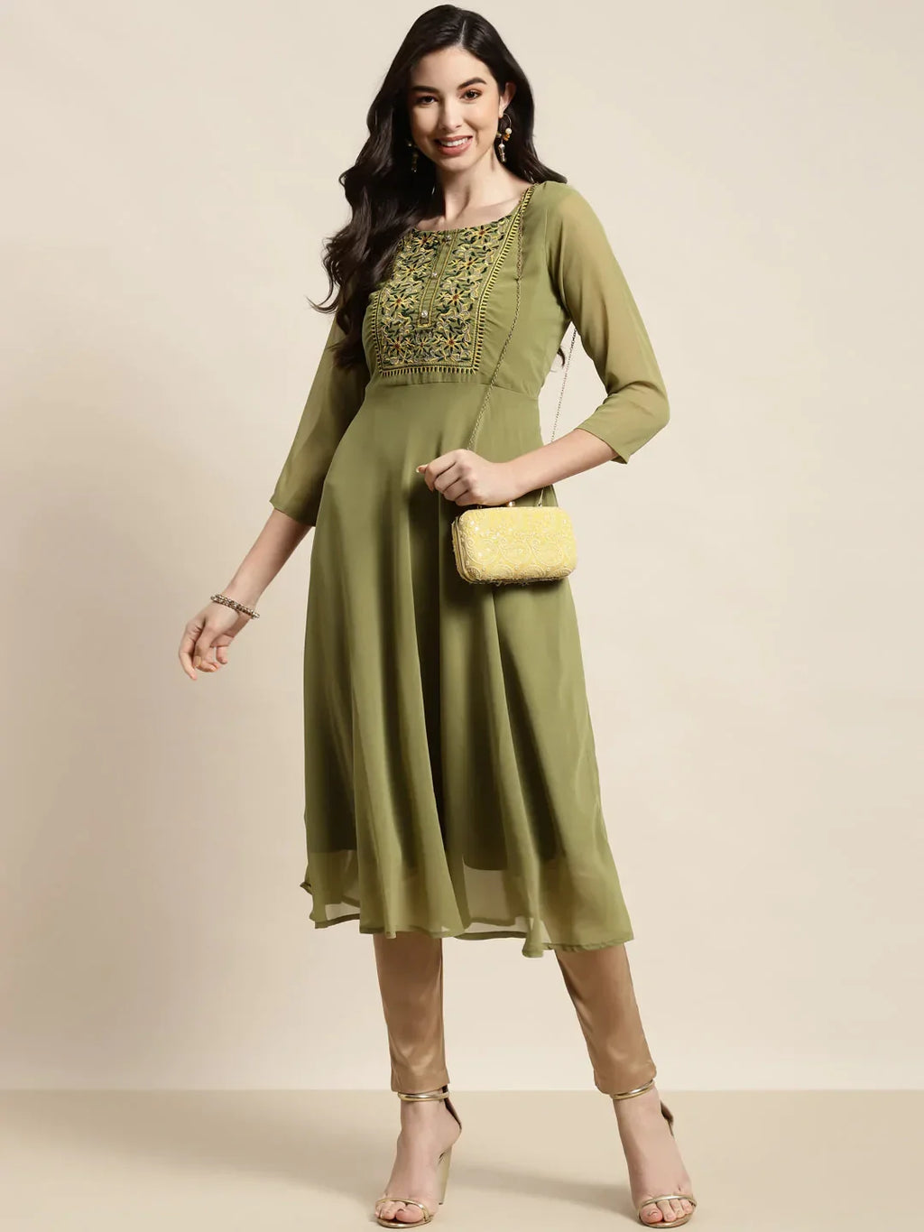 Jompers Women's Yoke Design Georgette Anarkali Kurta - Green | Grocsy