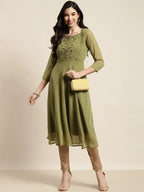 Jompers Women's Yoke Design Georgette Anarkali Kurta - Green | Grocsy