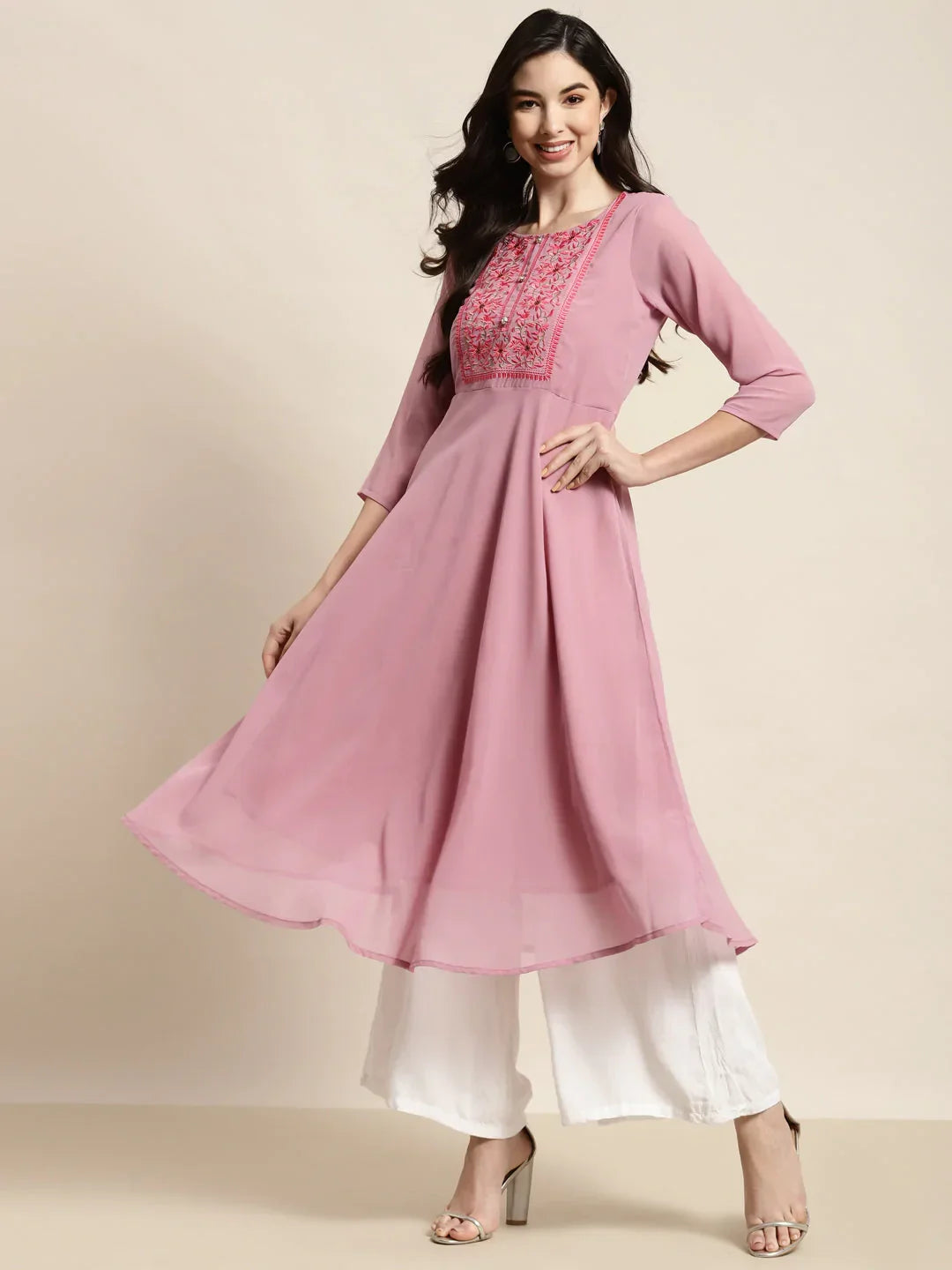 Jompers Women's Yoke Design Georgette Anarkali Kurta - Pink | Grocsy