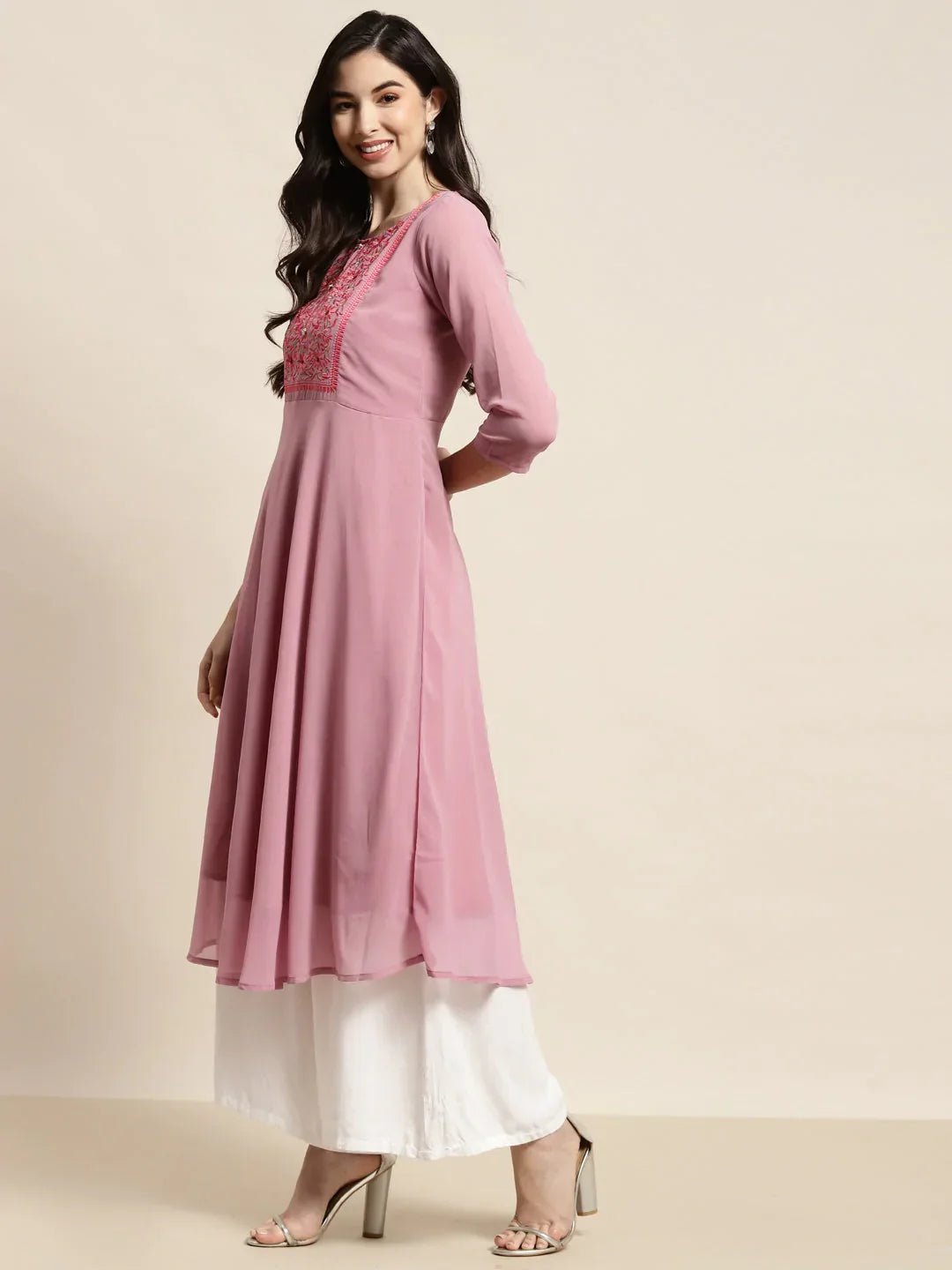 Jompers Women's Yoke Design Georgette Anarkali Kurta - Pink | Grocsy