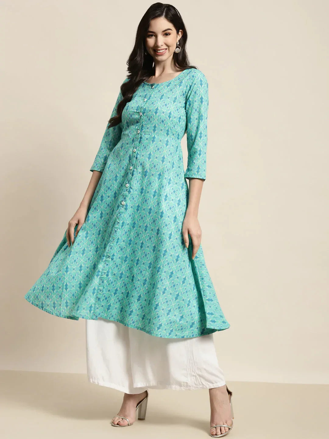 Jompers Women's Printed Anarkali Kurta - Pista | Grocsy