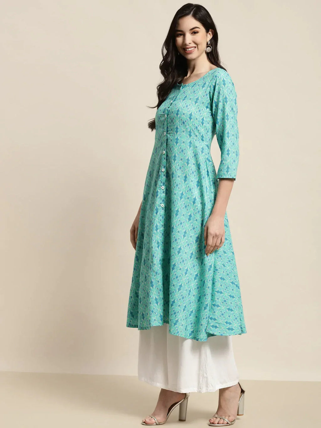 Jompers Women's Printed Anarkali Kurta - Pista | Grocsy