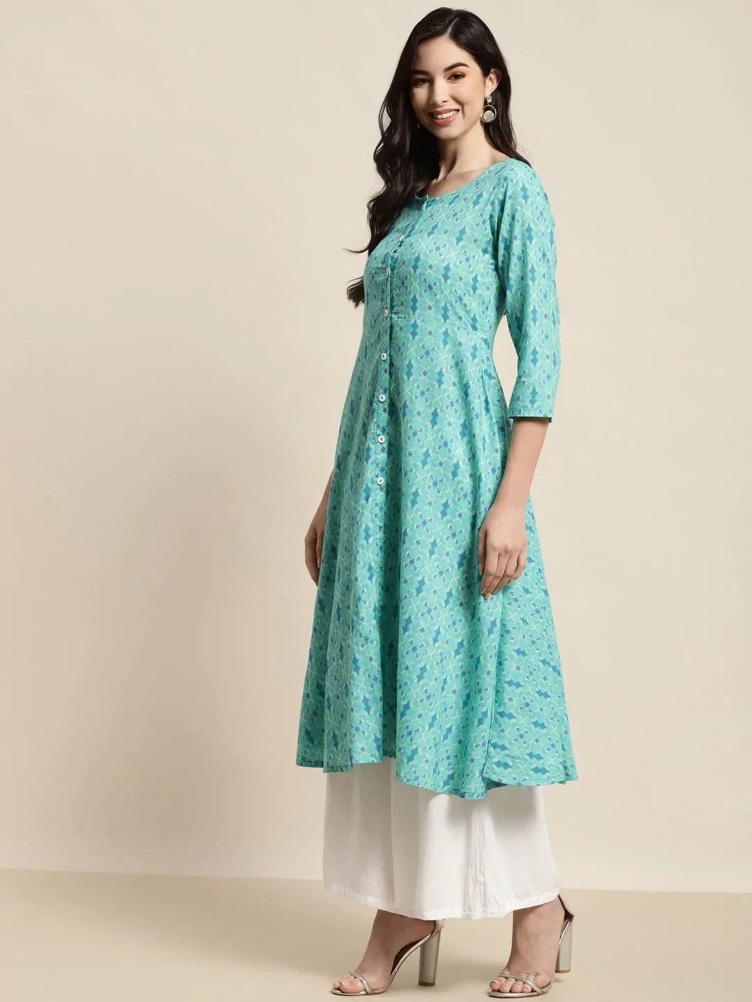 Jompers Women's Printed Anarkali Kurta - Pista | Grocsy